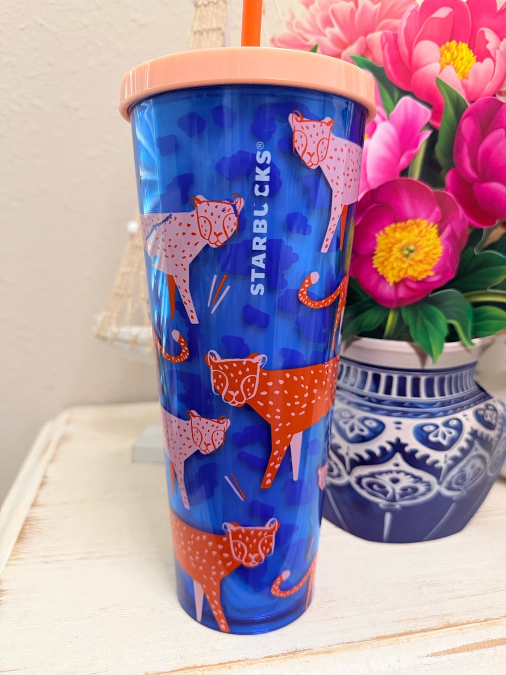 Starbucks Blue Tumbler with Peach Lid and Orange Leopard Print
